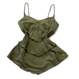 Rare Vintage Y2K Hollister Olive‎ Green Beaded Tiered Ruffle Cami Top, Women's S